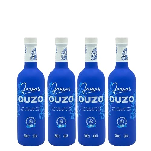 Jassas Ouzo 40% 4x 0,2l Premium Flasche | Besonders mild | Limited Edition | Älteste Ouzo Destillerie der Welt | +20ml Jassas Olivenöl von Jassas Griechische Feinkost