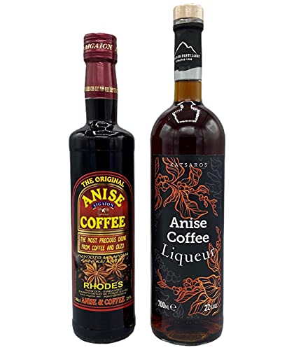 Kaffee Ouzo (Coffee Anise) Likör Probierset | 1x Kaffee Ouzo Aigaion 21% 0,5l | 1x Kaffee Ouzo Katsaros 22% 0,7l | + 20ml Jassas Olivenöl von Jassas Griechische Feinkost