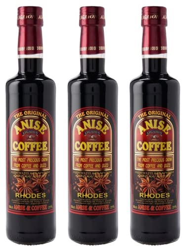 Kaffee Ouzo Likör 3x 0,5l 21% | Das Original von Rhodos | Coffee Anise Aigaion| + 1 x 20ml ElaioGi Olivenöl von Jassas Griechische Feinkost