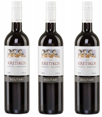 Kretikos Boutari rot 3x 0,75l Flasche | Trockener Rotwein aus Griechenland | 12% Vol. | +20ml Jassas Olivenöl von Jassas Griechische Feinkost
