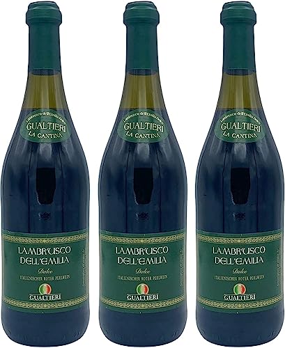 Lambrusco Gualtieri Rosso süß 3x 0,75l Dell Emilia | Roter Perlwein aus Italien | 7,5% Vol.| + 20ml Jassas Olivenöl von Jassas Griechische Feinkost