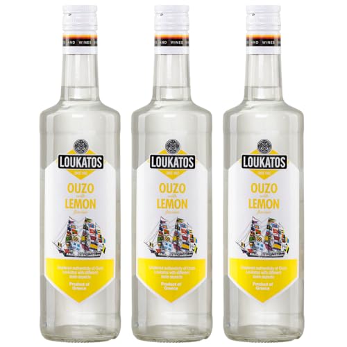 Loukatos Ouzo mit Zitronengeschmack 3x 0,5l | Ouzo Zitrone | Ouzo Lemon | 43% Vol. | + 20ml Jassas Olivenöl von Jassas Griechische Feinkost
