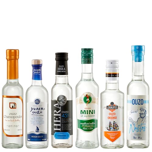 OUZO Probierset 6x 200ml | Feinster Ouzo aus Griechenland | Variante 2 | Nostos, Loukatos Orange, Mini Mytilini, Jivaeri, Hera, Chatzopoulos von Jassas Griechische Feinkost