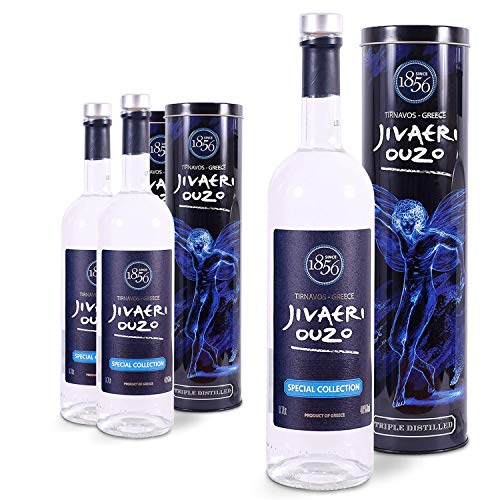 Ouzo Jivaeri Special Collection 3x 0,7l - 40% Vol. - 3fach destilliert - Älteste Ouzo Destillerie der Welt - Edle Alu Geschenkbox von Jassas Griechische Feinkost