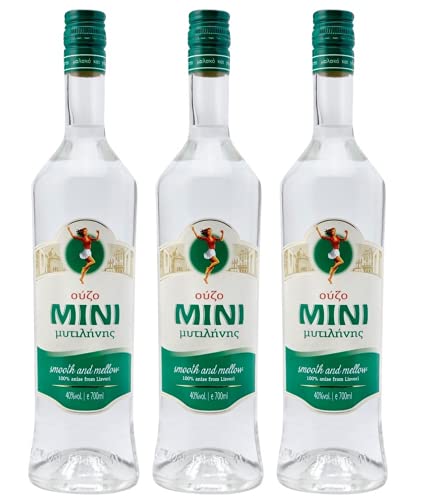 Ouzo Mini Mytilini 3x 0,7l 40% Vol. | Der beliebte Ouzo aus Lesbos | + 1x 20ml ElaioGi Olivenöl von Jassas Griechische Feinkost