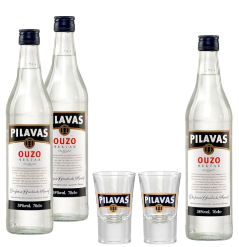 Ouzo Pilavas Nektar 3x 0,7l 38% Vol. plus 2x Pilavas Glas 2cl von Jassas Griechische Feinkost