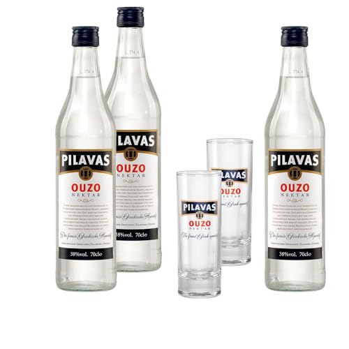 Ouzo Pilavas Nektar 3x 0,7l 38% Vol. plus 2x Pilavas Longdrink Ouzo Glas 18cl | + 20ml Jassas Olivenöl Ouzo Pilavas Nektar 3x 0,7l 38% Vol. plus 2x Pilavas Longdrink Ouzo Glas 18cl | + 20ml Jassas Olivenöl von Jassas Griechische Feinkost