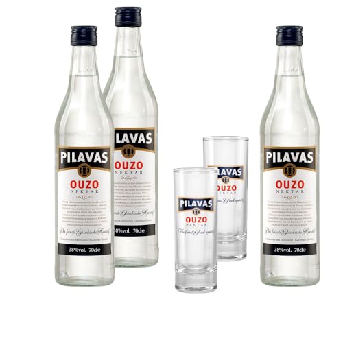 Ouzo Pilavas Nektar 3x 0,7l 38% Vol. plus 2x Pilavas Longdrink Ouzo Glas 18cl | + 20ml Jassas Olivenöl von Jassas Griechische Feinkost