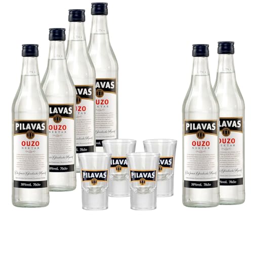 Ouzo Pilavas Nektar 6x 0,7l 38% Vol. und 4x Pilavas Glas 2cl | + 20ml Jassas Olivenöl von Jassas Griechische Feinkost