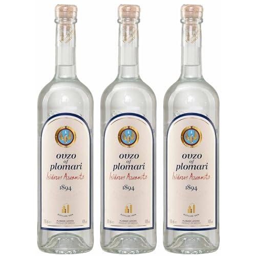 Ouzo Plomari 3x 0,7l Flasche | Destillerie Arvanitis | 40% Vol. | Ouzo aus Griechenland | +20ml Jassas Olivenöl von Jassas Griechische Feinkost