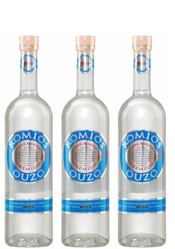 Ouzo Romios 3x 0,7l | Destillerie Cavino | 38% | Klassischer Ouzo aus Peloponnes | +20ml Jassas Olivenöl von Jassas Griechische Feinkost