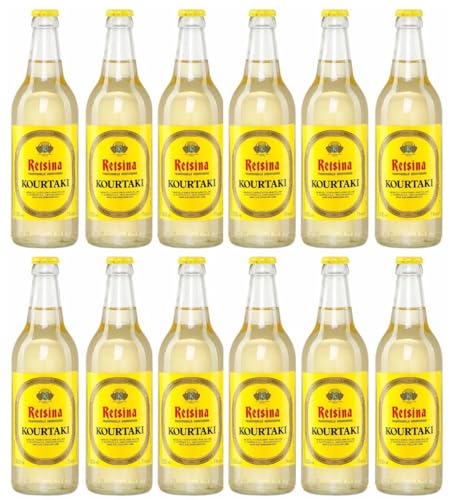 Retsina Kourtaki 12x 0,5l Flasche | Geharzter Weißwein aus Griechenland | Sommerliche Erfrischung | 11% Vol. | +20ml Jassas Olivenöl von Jassas Griechische Feinkost