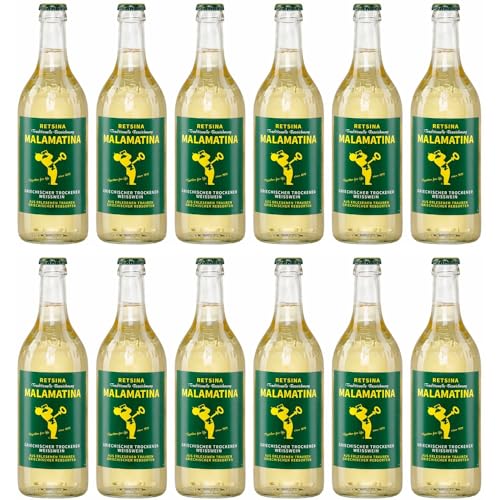 Retsina Malamatina 12x 0,5l Flasche | Geharzter Weißwein aus Griechenland | 10,5% Vol. | +20ml Jassas Olivenöl von Jassas Griechische Feinkost