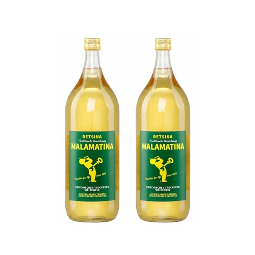 Retsina Malamatina 2x 2,0l Flasche | Geharzter Weißwein aus Griechenland | 10,5% Vol. | +20ml Jassas Olivenöl von Jassas Griechische Feinkost