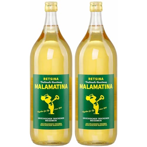 Retsina Malamatina 2x 2,0l Flasche | Geharzter Weißwein aus Griechenland | 10,5% Vol. | +20ml Jassas Olivenöl von Jassas Griechische Feinkost