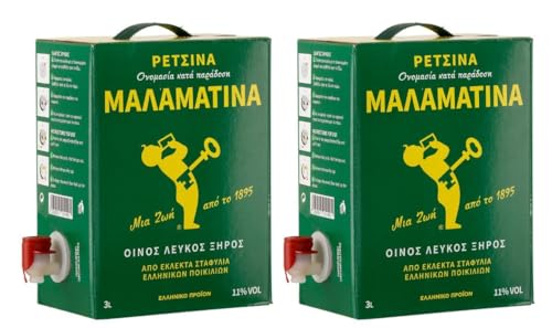 Retsina Malamatina 2x 3,0l Bag-in-Box | Geharzter Weißwein aus Griechenland | 11% Vol. | +20ml Jassas Olivenöl von Jassas Griechische Feinkost