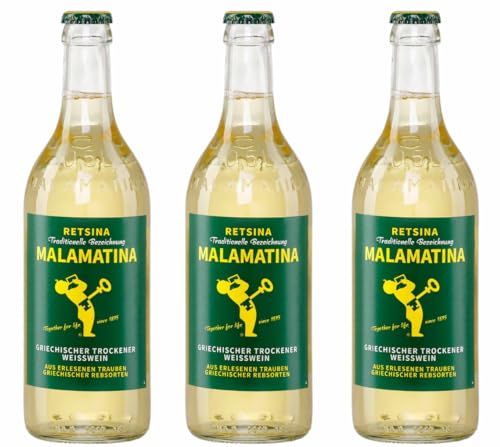 Retsina Malamatina 3x 0,5l Flasche | Geharzter Weißwein aus Griechenland | 10,5% Vol. | +20ml Jassas Olivenöl von Jassas Griechische Feinkost