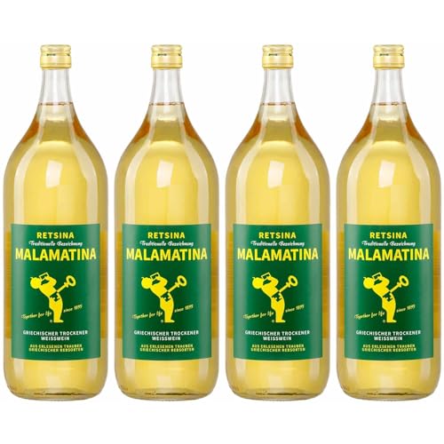 Retsina Malamatina 4x 2,0l Flasche | Geharzter Weißwein aus Griechenland | 10,5% Vol. | +20ml Jassas Olivenöl von Jassas Griechische Feinkost