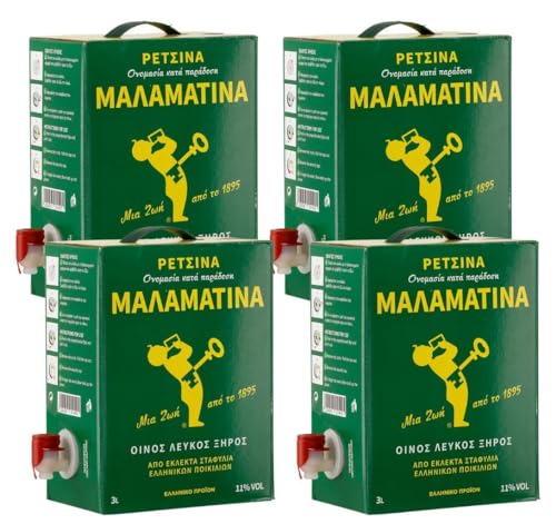 Retsina Malamatina 4x 3,0l Bag-in-Box | Geharzter Weißwein aus Griechenland | 11% Vol. | +20ml Jassas Olivenöl von Jassas Griechische Feinkost