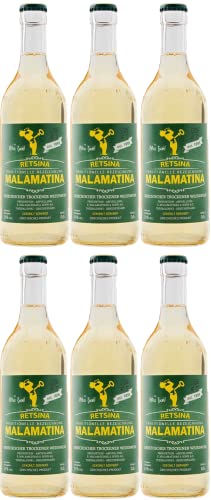Retsina Malamatina 6x 0,5l Flasche | Geharzter Weißwein aus Griechenland | 10,5% Vol. | +20ml Jassas Olivenöl von Jassas Griechische Feinkost