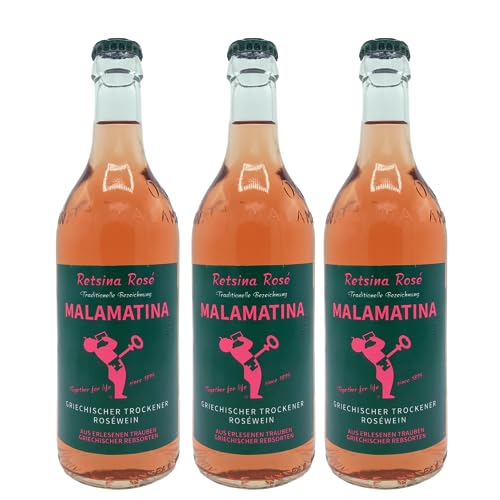 Retsina Malamatina rosé 3x 0,5l | Geharzter Roséwein aus Griechenland | +20ml Jassas Olivenöl von Jassas Griechische Feinkost