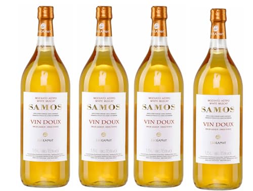 Samos Wein Vin Doux 4x 1,5l Likörwein weiß süß P.D.O. | 15% Vol. | Samos Wein | + 20ml Jassas Olivenöl von Jassas Griechische Feinkost