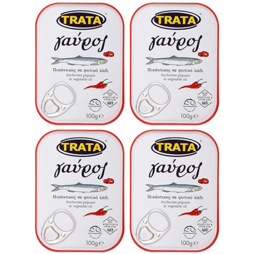 Sardellen (Anchovies) pikant in Öl 4x 100g Dose | Trata | Gavros Beliebte griechische Fischspezialität | +20ml Jassas Olivenöl von Jassas Griechische Feinkost