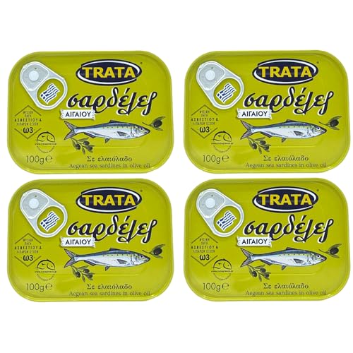 Sardinen in Olivenöl 4x 100g Dose | Trata | Beliebte griechische Fischspezialität | +20ml Jassas Olivenöl von Jassas Griechische Feinkost