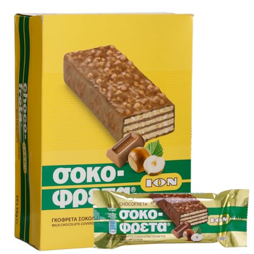 Sokofreta (Schokofreta) Haselnuss Schokolade 20x 38g Riegel | Griechische Schokowaffel Grün | ION | +20ml Jassas Olivenöl von Jassas Griechische Feinkost