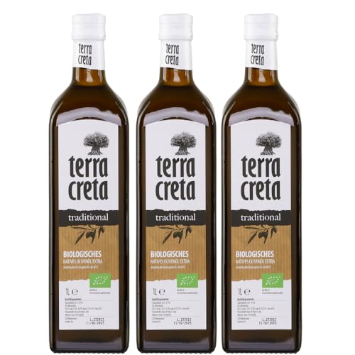 Terra Creta BIO Olivenöl 3x 1,0l | Extra natives Bio-Olivenöl aus Kolymvari (Kreta) | + 20ml Jassas Olivenöl von Jassas Griechische Feinkost