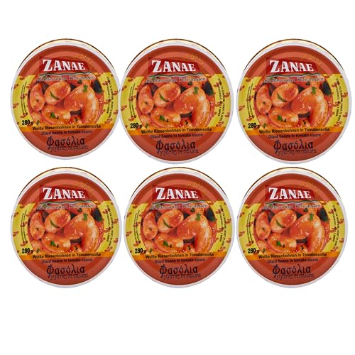 Zanae Bohnen in Tomatensauce 6x 280g Dose | Spezialität aus Griechenland +20ml Jassas Olivenöl von Jassas Griechische Feinkost
