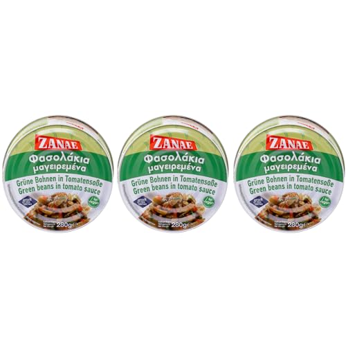 Zanae Grüne Bohnen in Tomatensauce "Fasolakia" 3x 280g Dose | Spezialität aus Griechenland | +20ml Jassas Olivenöl von Jassas Griechische Feinkost