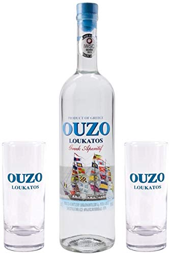 1x 0,7l OUZO LOUKATOS mit 2 Original Gläsern | Der milde Ouzo aus Patras | Ouzo Geschenkset | 38% Vol. | + 20ml Jassas Olivenöl von Jassas