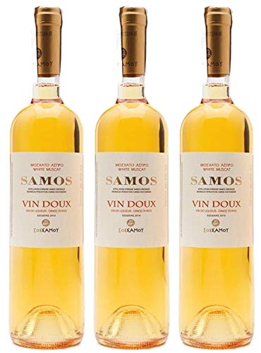 Samos Wein Vin Doux 3x 0,75l Likörwein weiß süß P.D.O. | 15% Vol. | Samos Wein | + 1 x 20ml Olivenöl"ElaioGi" aus Griechenland von Jassas Griechische Feinkost