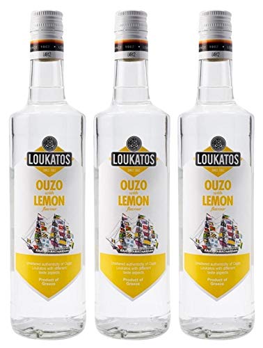 Loukatos Ouzo mit Zitronengeschmack 3x 0,7l | Ouzo Zitrone | Ouzo Lemon | 43% Vol. | + 20ml Jassas Olivenöl von Jassas