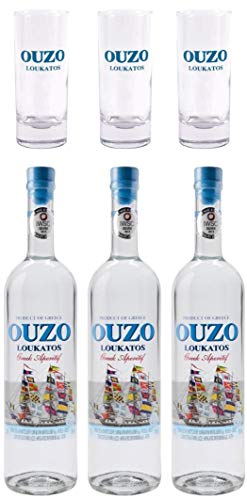 3x 0,7l OUZO LOUKATOS mit 3 Original Gläsern | Der milde Ouzo aus Patras | Ouzo Geschenkset | 38% Vol. | + 20ml Jassas Olivenöl von Jassas