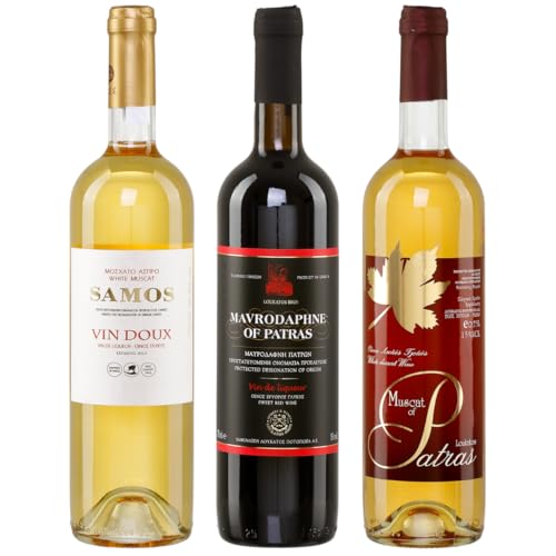 Griechischer Likörwein Probierset - 1x Samos Vin Doux 0,75l | 1x Mavrodaphne aus Patras 0,75l | 1x Muscat of Patras 0,75l | 15% Vol. | + 20ml Jassas Olivenöl von Jassas Griechische Feinkost