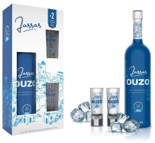 Jassas Ouzo 40% 0,7l + 2 Gläser in hochwertiger Geschenkbox | Besonders mild | Limited Edition | Älteste Ouzo Destillerie der Welt von Jassas