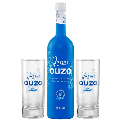 Jassas Ouzo 40% 0,7l Premium Flasche + 2 Longdrink Gläser | Besonders mild | Limited Edition | Älteste Ouzo Destillerie der Welt 1856 von Jassas Griechische Feinkost