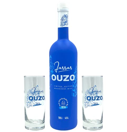 Jassas Ouzo 40% 0,7l Premium Flasche + 2 Longdrink Gläser | Besonders mild | Limited Edition | Älteste Ouzo Destillerie der Welt 1856 von Jassas