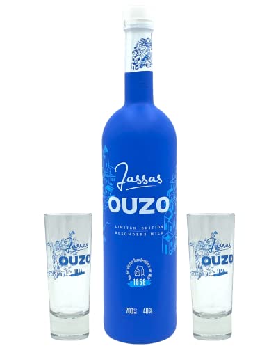 Jassas Ouzo 40% 0,7l Premium Flasche + 2 Ouzo Gläser | Besonders mild | Limited Edition | Älteste Ouzo Destillerie der Welt 1856 von Jassas Griechische Feinkost
