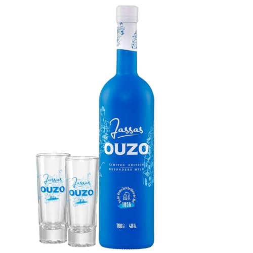 Jassas Ouzo 40% 0,7l Premium Flasche + 2 Ouzo Gläser | Besonders mild | Limited Edition | Älteste Ouzo Destillerie der Welt 1856 von Jassas