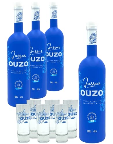 Jassas Ouzo 40% 4x 0,7l + 6 Ouzo Gläser | Besonders mild | Limited Edition | Älteste Ouzo Destillerie der Welt 1856 von Jassas