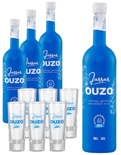 Jassas Ouzo 40% 4x 0,7l + 6 Ouzo Gläser | Besonders mild | Limited Edition | Älteste Ouzo Destillerie der Welt 1856 von Jassas