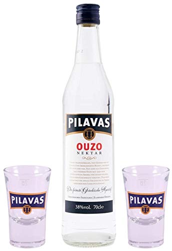 Ouzo Pilavas Nektar 0,7l Flasche mit 2 Original Pilavas Gläsern | 38% Vol. | + 20ml Jassas Olivenöl von Jassas