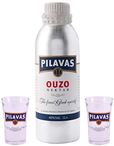 Ouzo Pilavas Nektar 1,0l Aluminium Flasche mit 2 Original Pilavas Gläsern | 40% Vol. | + 20ml Jassas Olivenöl von Jassas Griechische Feinkost