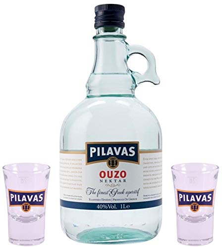 Ouzo Pilavas Nektar 1,0l Karaffe mit 2 Original Pilavas Gläsern | 40% Vol. | + 20ml Jassas Olivenöl von Jassas Griechische Feinkost