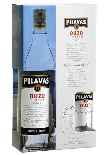 Ouzo Pilavas Nektar Geschenkbox 0,7l + 1 Glas | Ouzo Pilavas 40% Vol. + Ouzo Longdrink Glas (180ml) | Pilavas Ouzo Geschenkverpackung von Jassas Griechische Feinkost