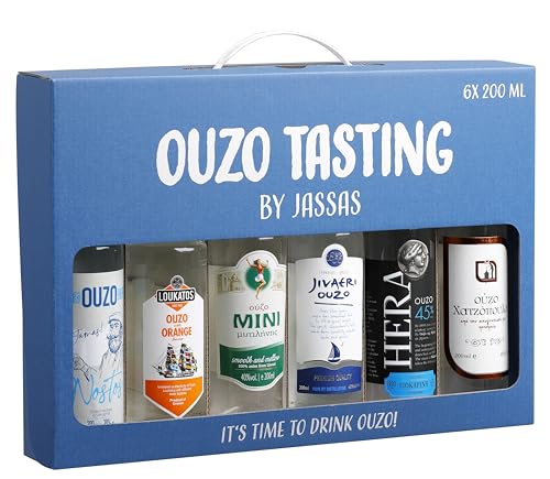 Ouzo Tasting by Jassas 6x 200ml in Geschenkbox | Variante 2 | Feinster Ouzo aus Griechenland | Ouzo Probierset | Geschenkidee | Spirituosen Geschenk | Spirituosen Geschenkset von Jassas Griechische Feinkost
