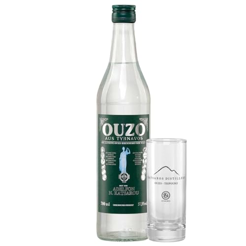 Ouzo Tirnavou green 0,7l Flasche 37,5% + 1 Original Glas | Aus der ältesten Ouzo Destillerie der Welt | Katsaros Distillery seit 1856 | Milder Ouzo (1x 0,7l + 1 Glas) von Jassas Griechische Feinkost